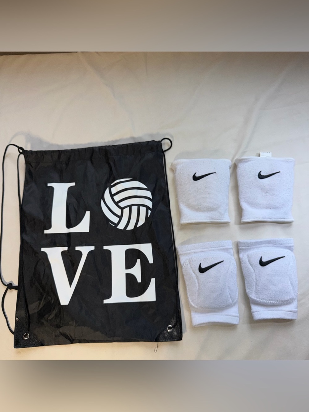 Nike White Volleyball Knee Pads with Black LOVE Drawstring Bag